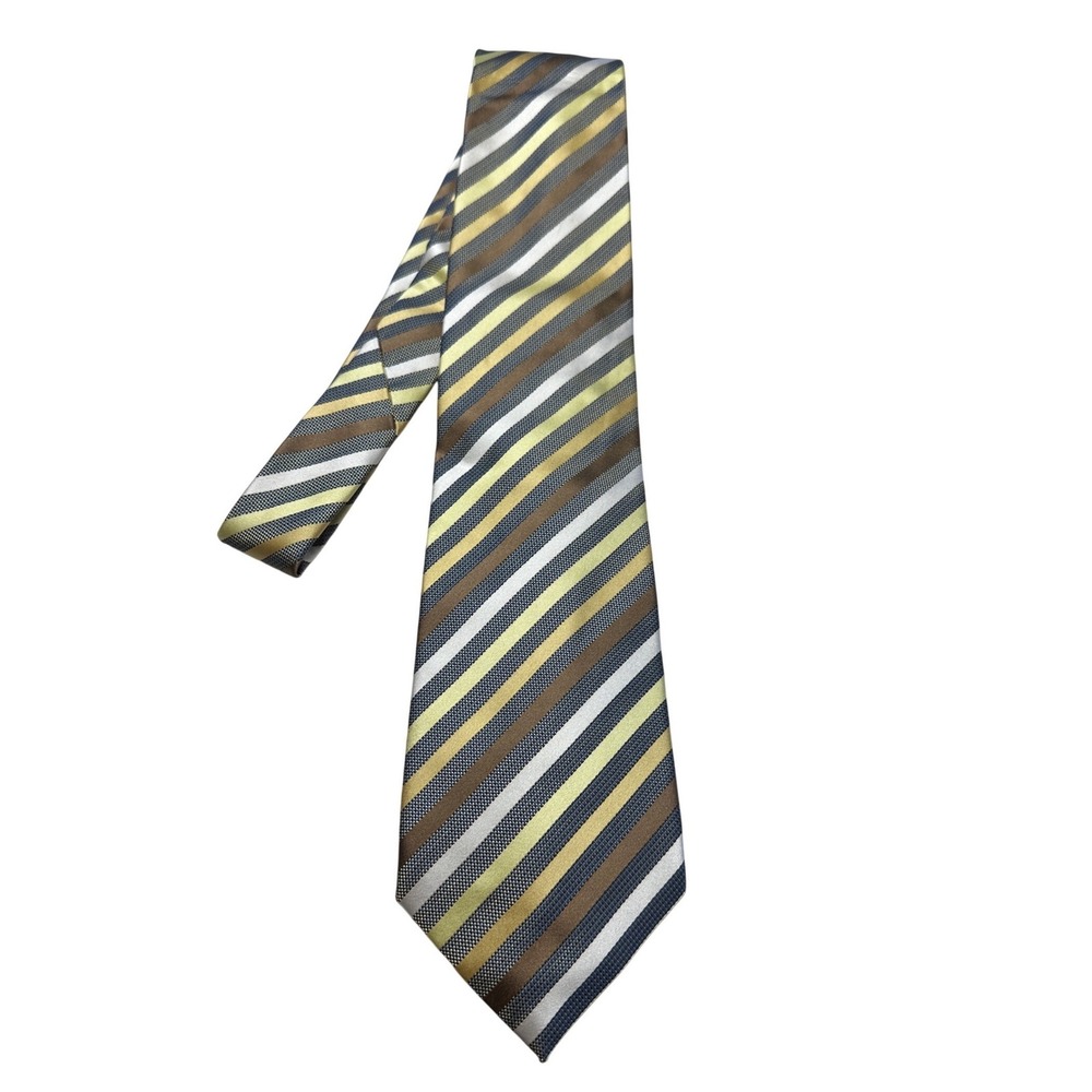 Bergamo New‎ York Mens Striped Necktie Gold Brown Silver Blue Woven Polyester